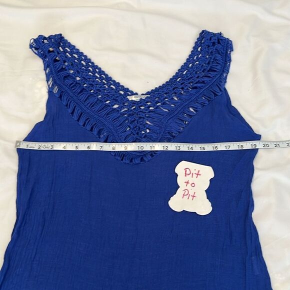 Hotouch szXL blue crocheted trim swimsuit coverup w/fringe around the bottom EUC - Picture 7 of 8